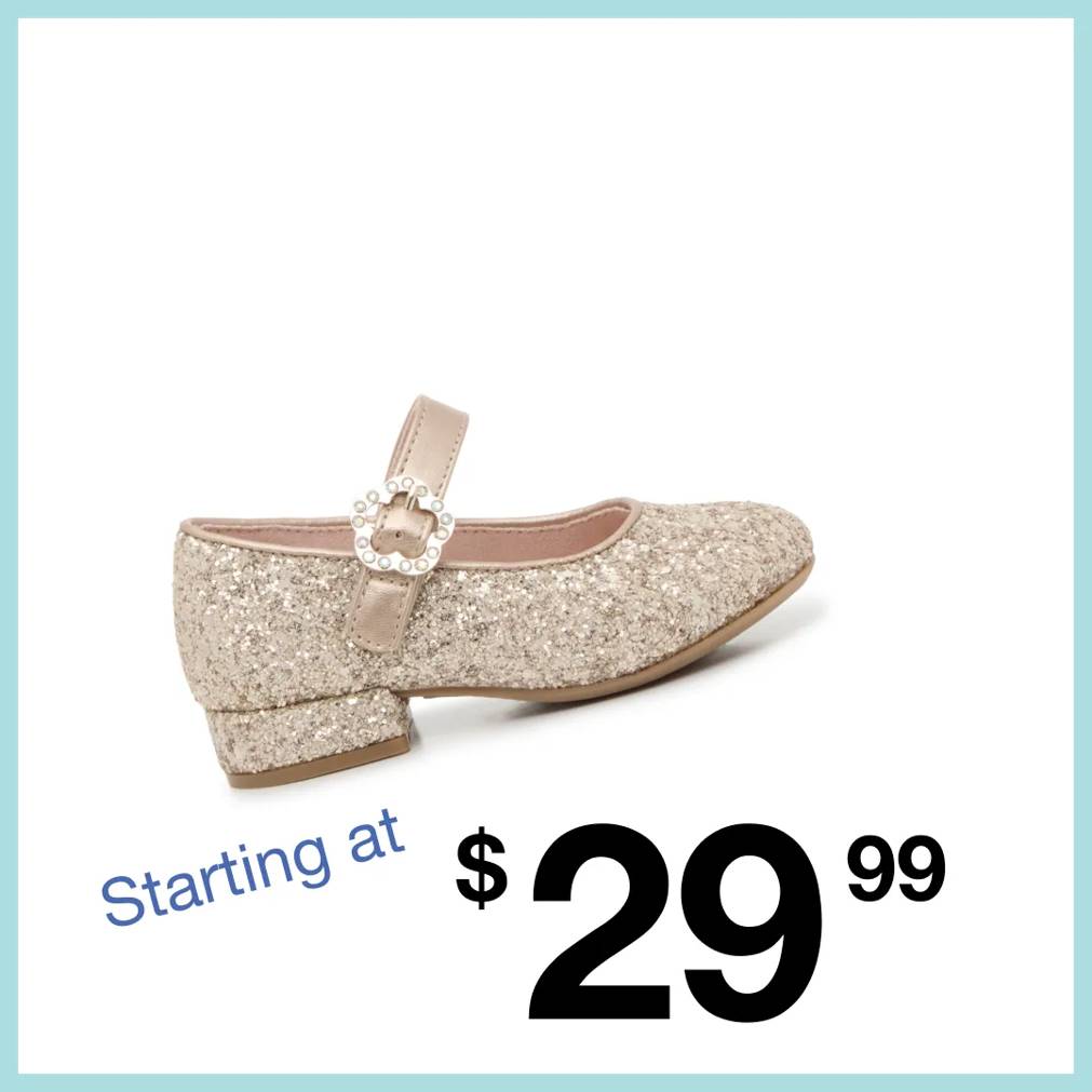 Featuring a kids' sparkley dress shoe.