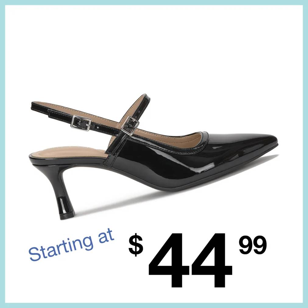 Featuring a women's black dress heel.