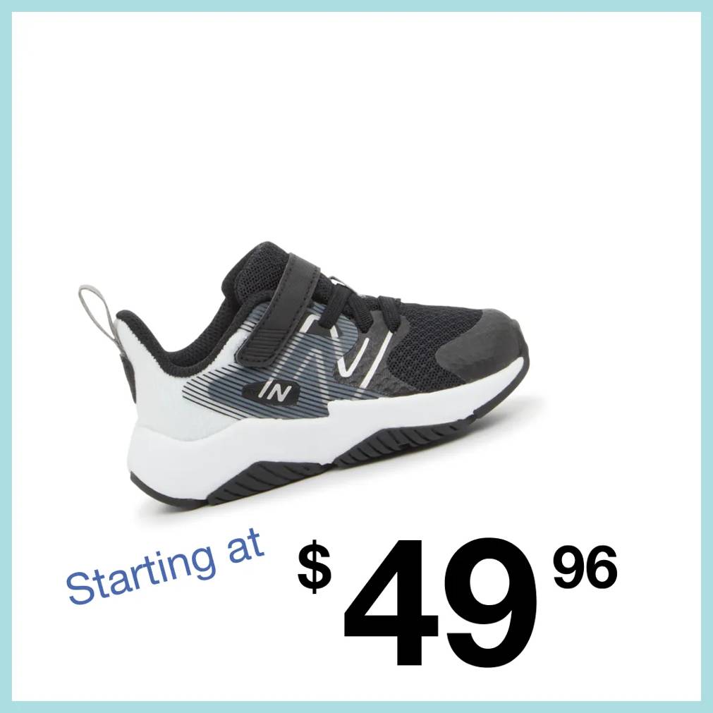 Featuring a kids' black and white New Balance sneaker.