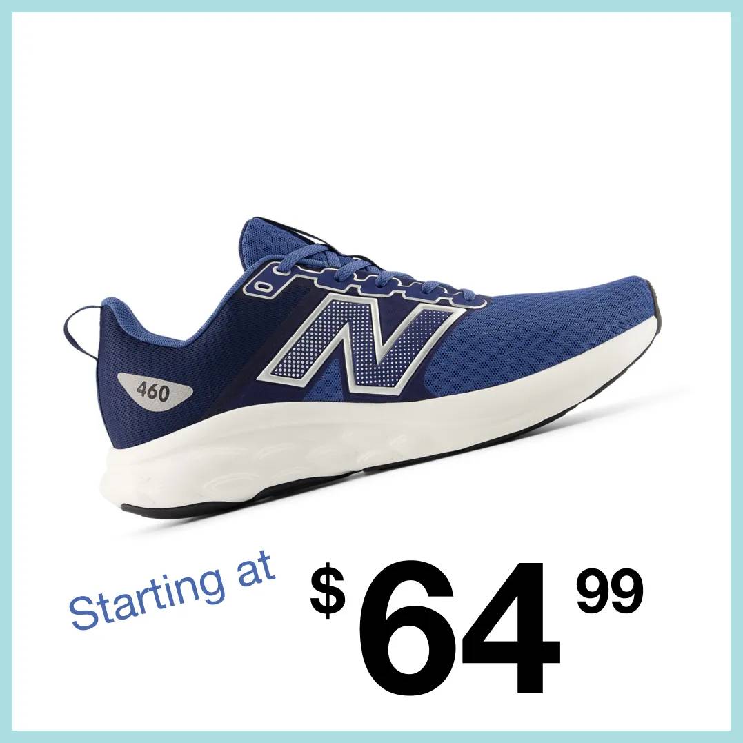 Featuring a men's blue New Balance sneaker.