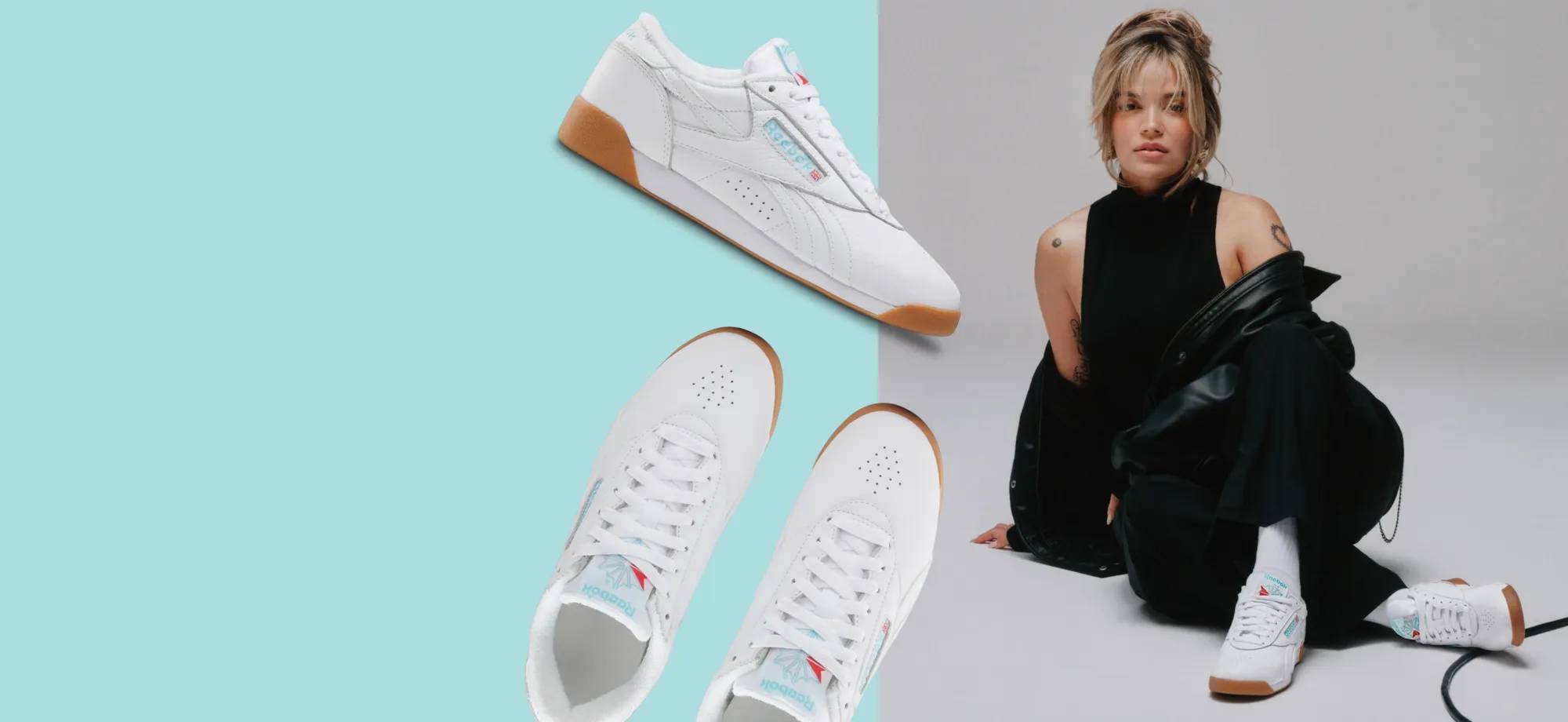 Featuring Karol G with Reebok sneakers.