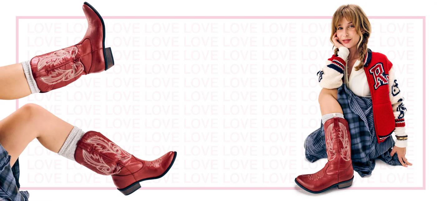 Featuring a model in red cowboy boots