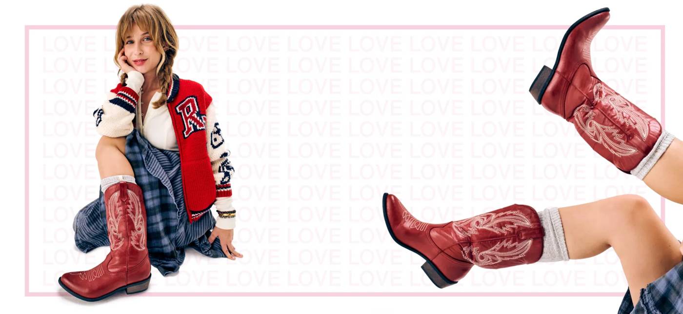 Featuring a model wearing red cowboy boots.