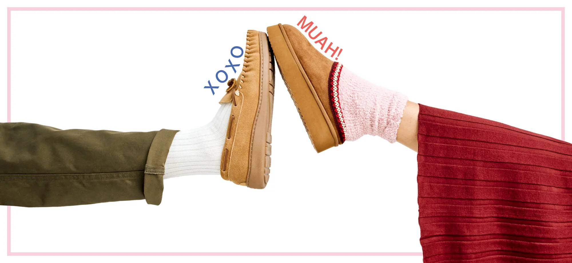 Featuring two models in slippers.