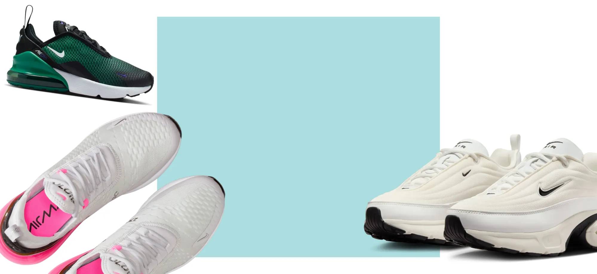 Featuring an assortment of men's and women's Nike sneakers.