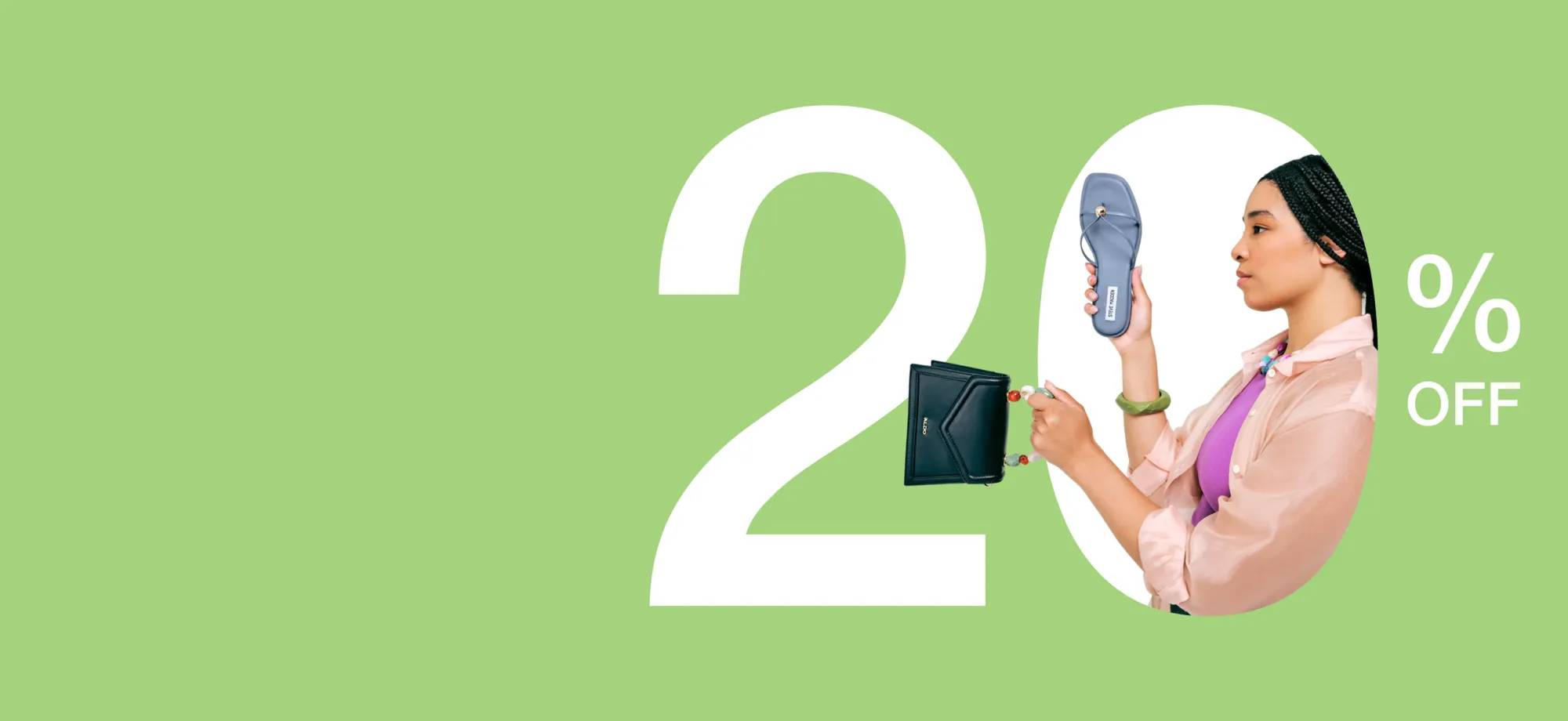 Featuring a woman holding up a clutch and a pair of blue sandals.