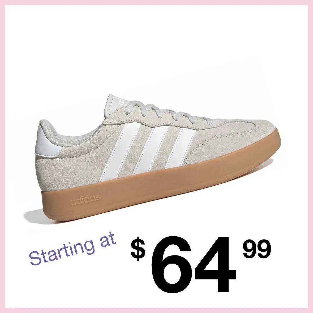 Featuring a men's tan and white court sneaker from adidas.
