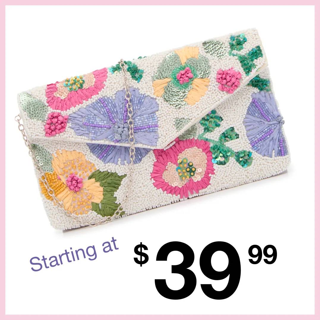 Featuring a floral beaded handbag.