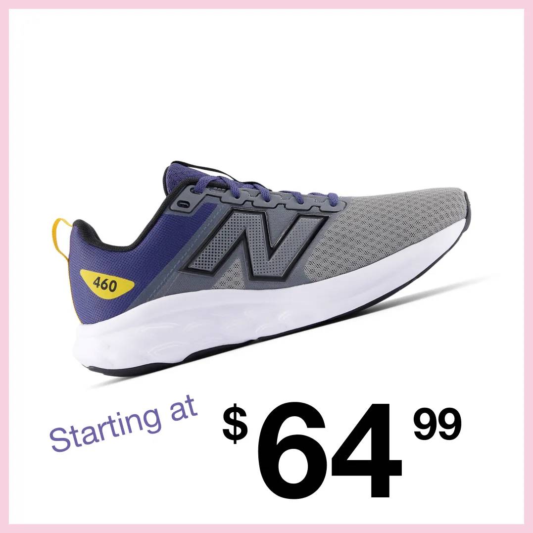 Featuring a men's grey and blue sneaker from New Balance.