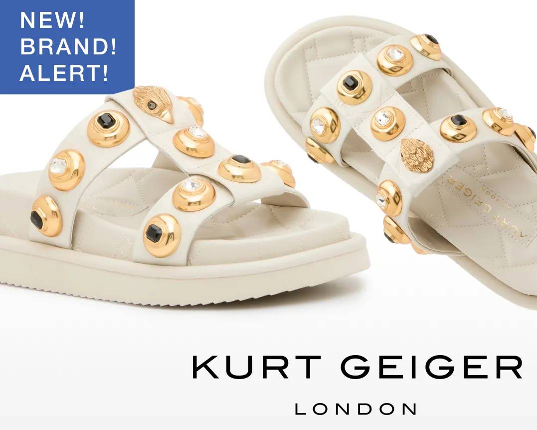 Featuring white sandals with gold details.