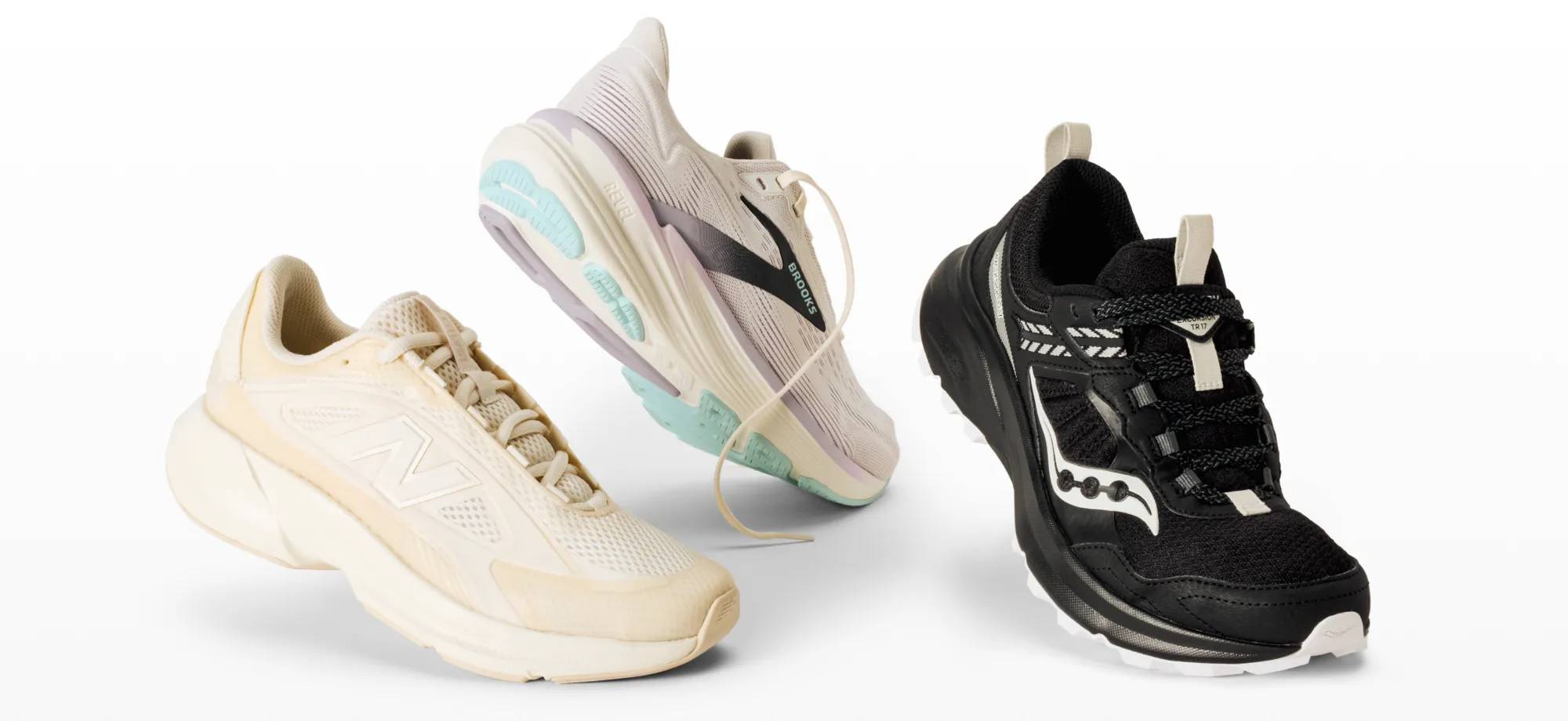 An assortment of running shoes and sneakers like Brooks and New Balance.