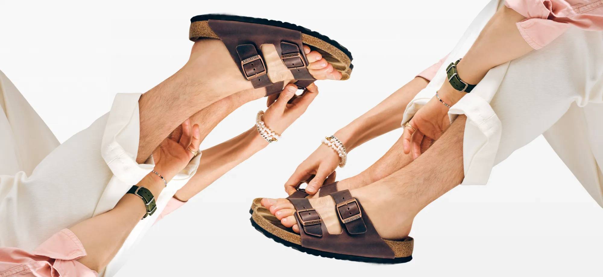 Featuring a model wearing Birkenstock Sandals.