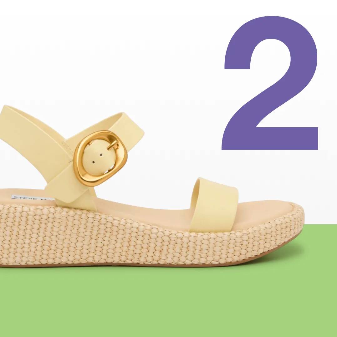 Featuring a yellow wedge sandal from Steve Madden.