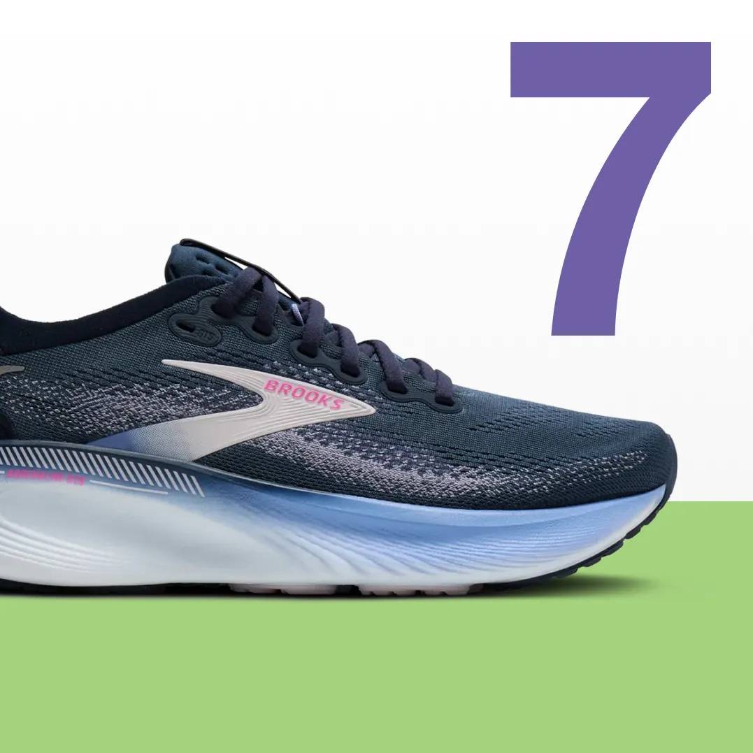 Featuring a blue and black Brooks running shoe.