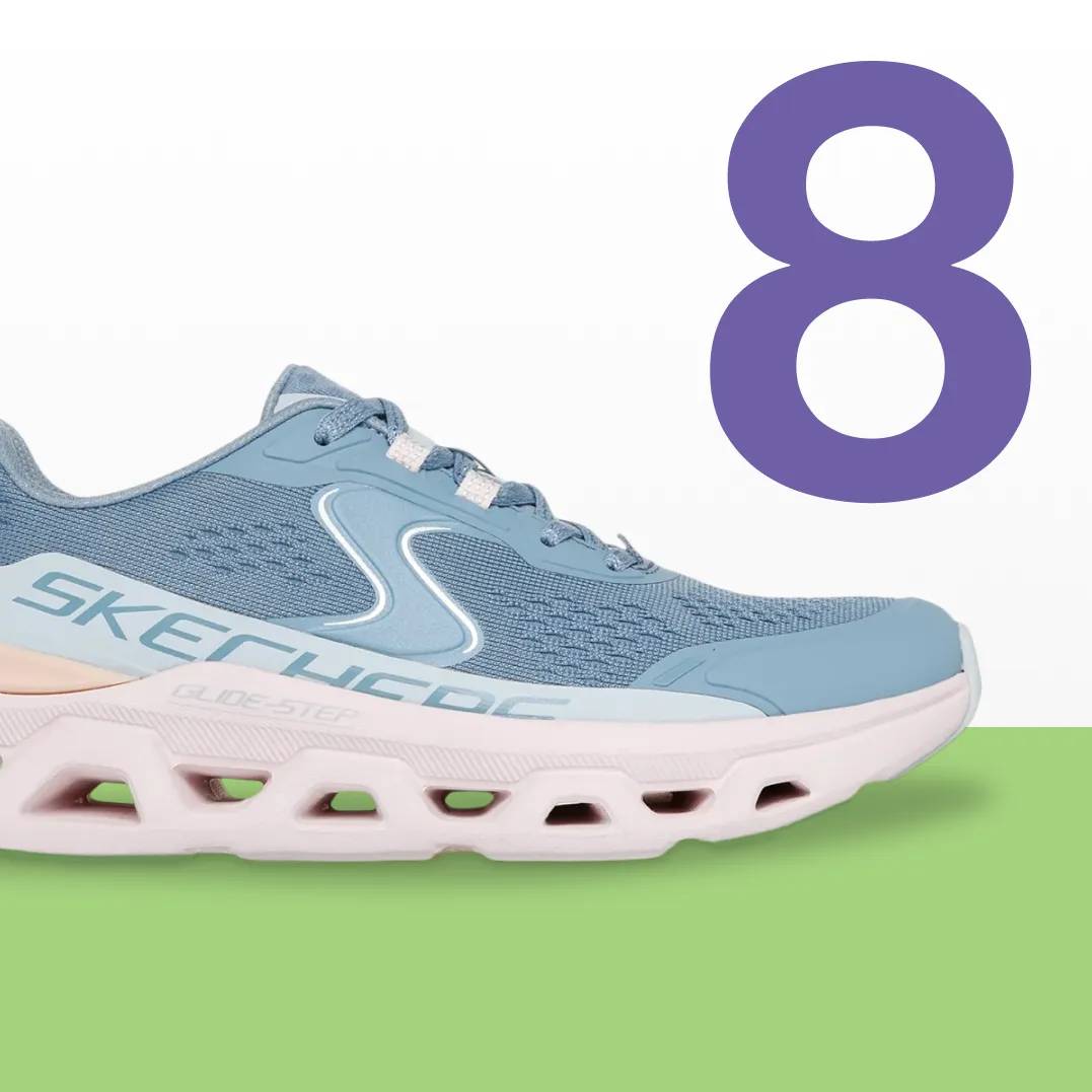 Featuring a blue Skechers sneaker.