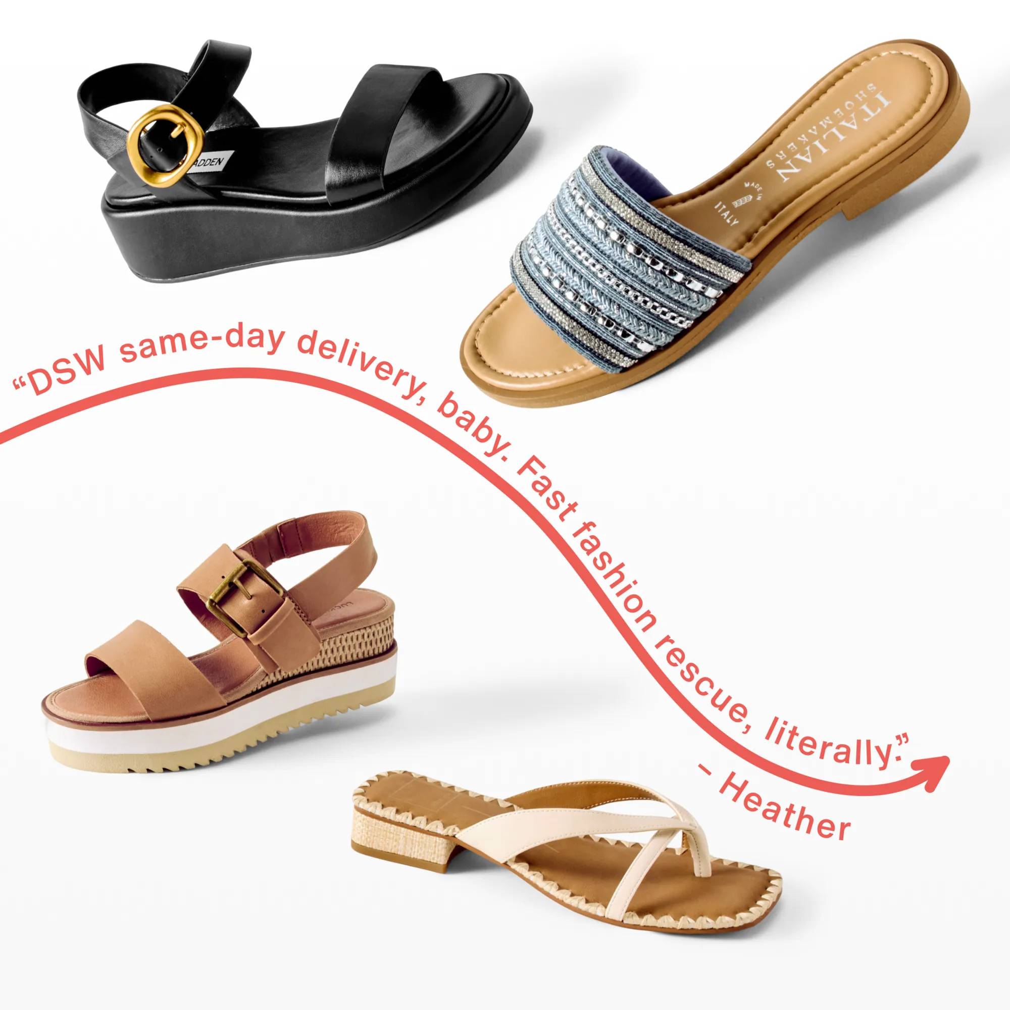 Featuring an assortment of sandals.
