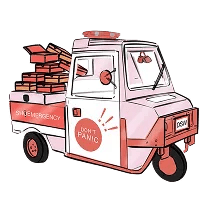 Ambulance graphic holding a bunch of shoe boxes in the trunkbed.