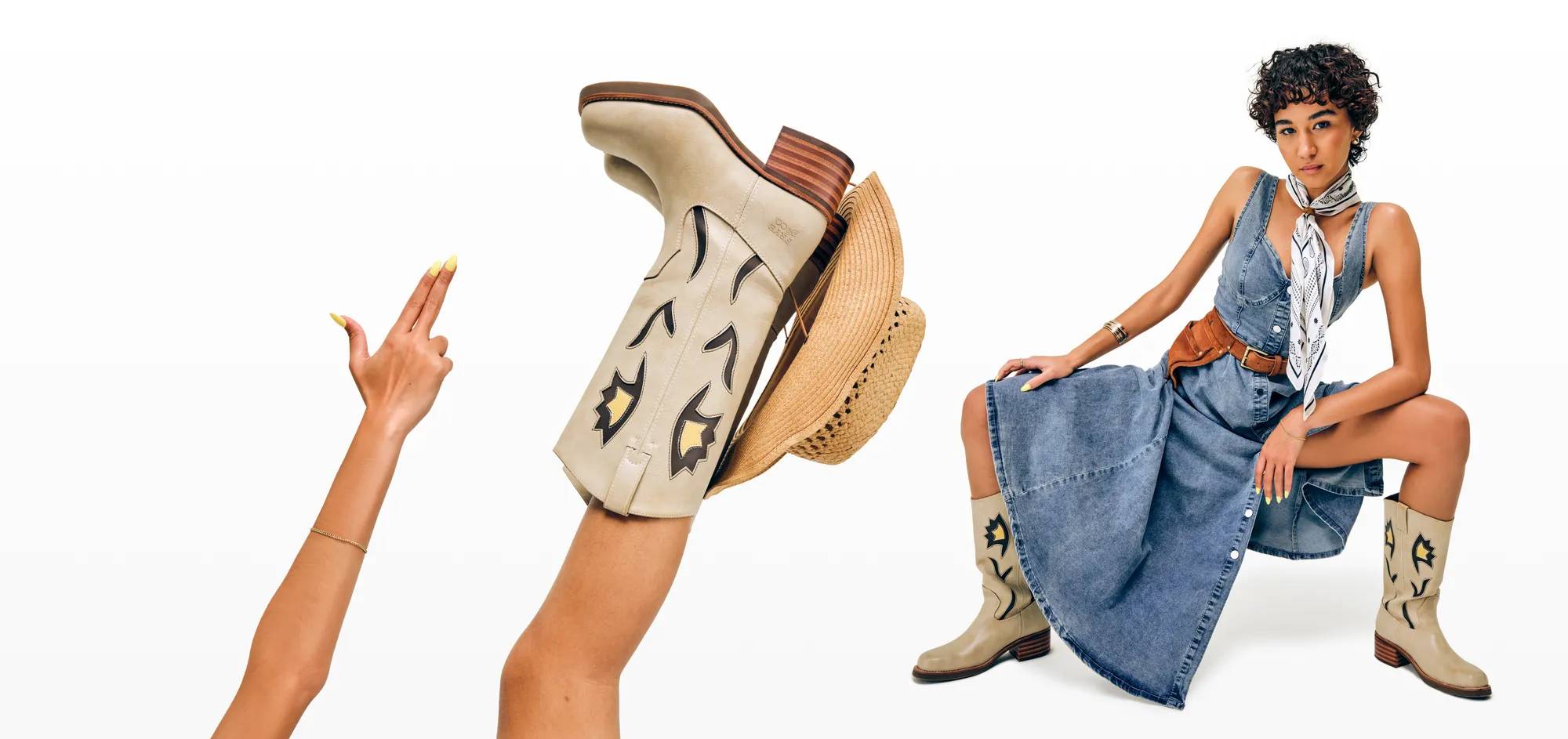 Featuring a model wearing the Fry & Co. Miranda 10 Flower Western Boot.