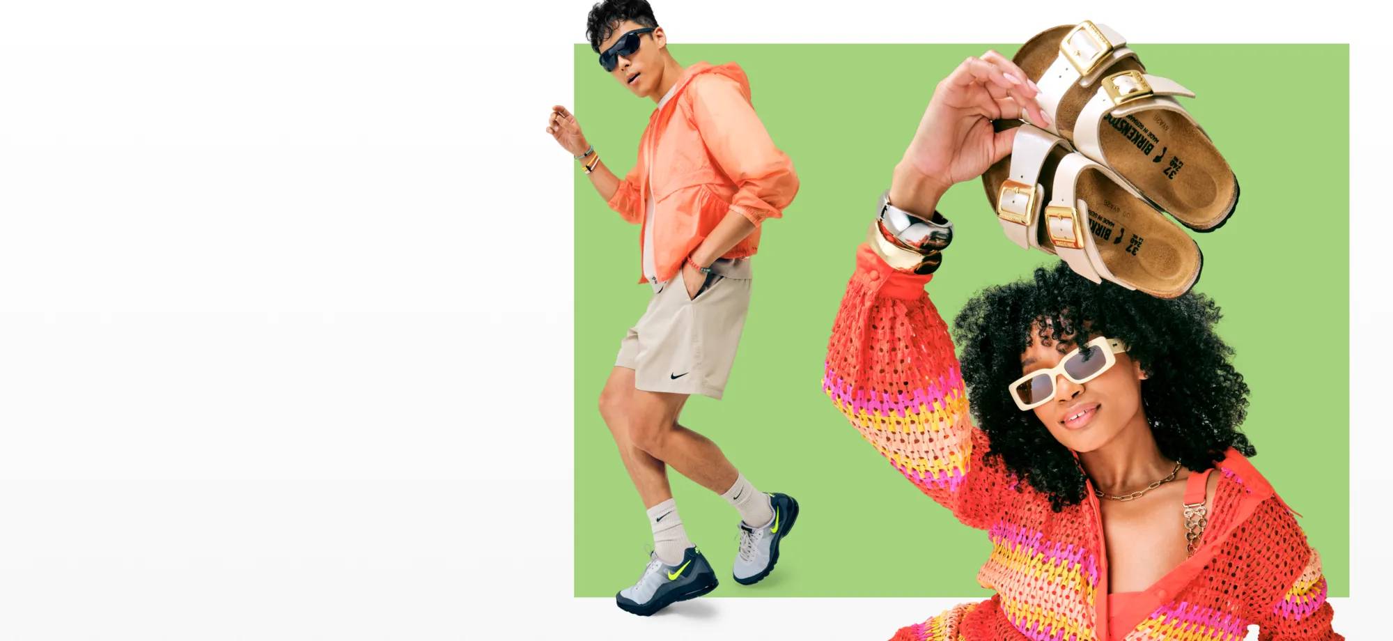Featuring a man in Nike sneakers and a woman holding up a pair of Birkenstock sandals.