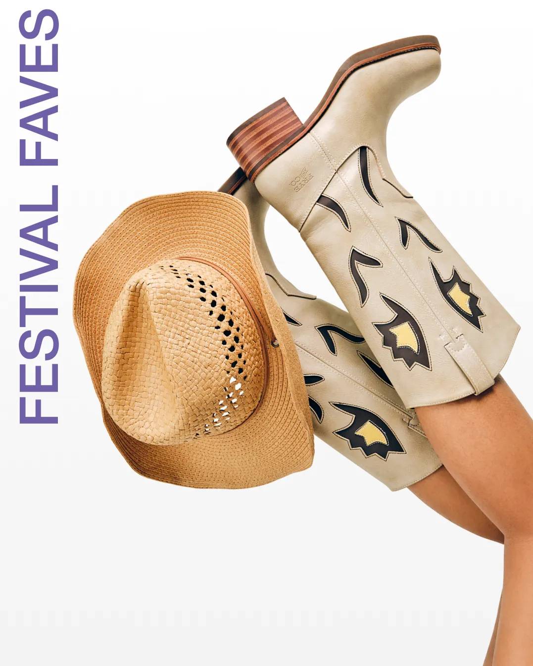 Featuring cowboy boots and a straw hat.