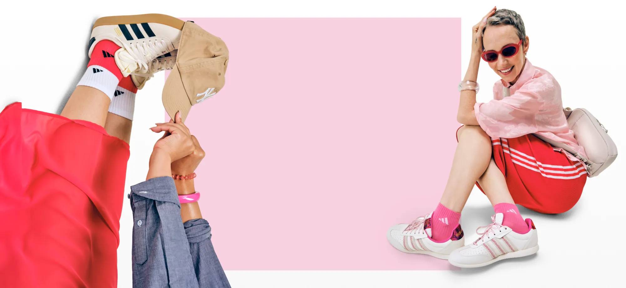 Featuring an three models all wearing adidas sneakers.