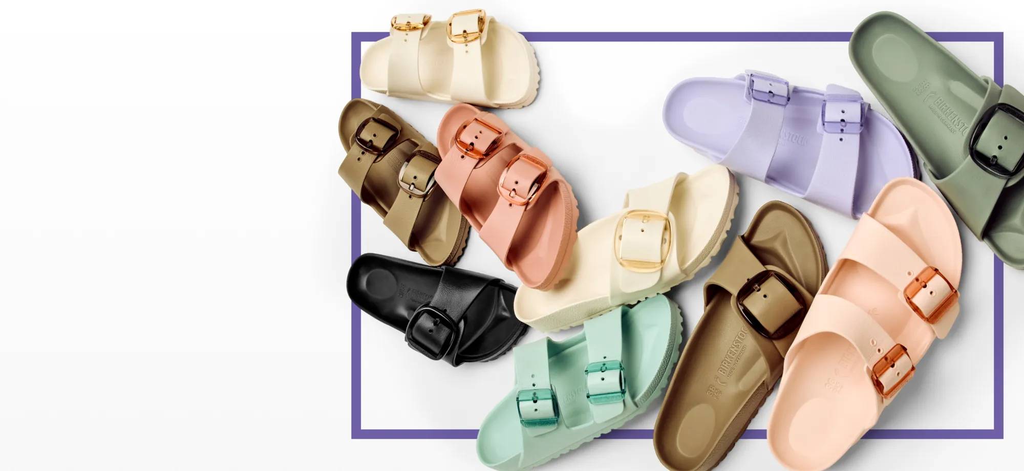 Featuring an assortment of colorful Birkenstock sandals.