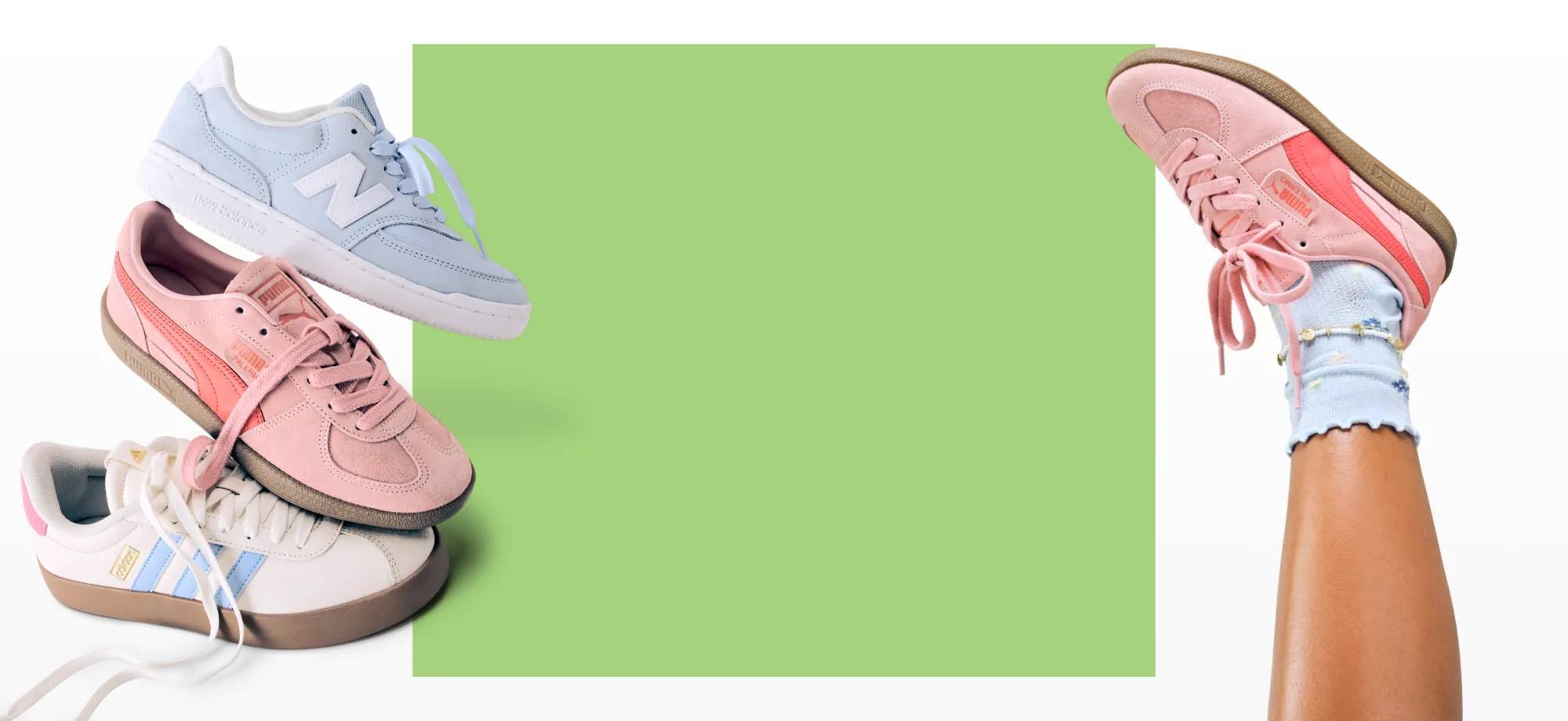 Featuring an assortment of colorful court sneakers.