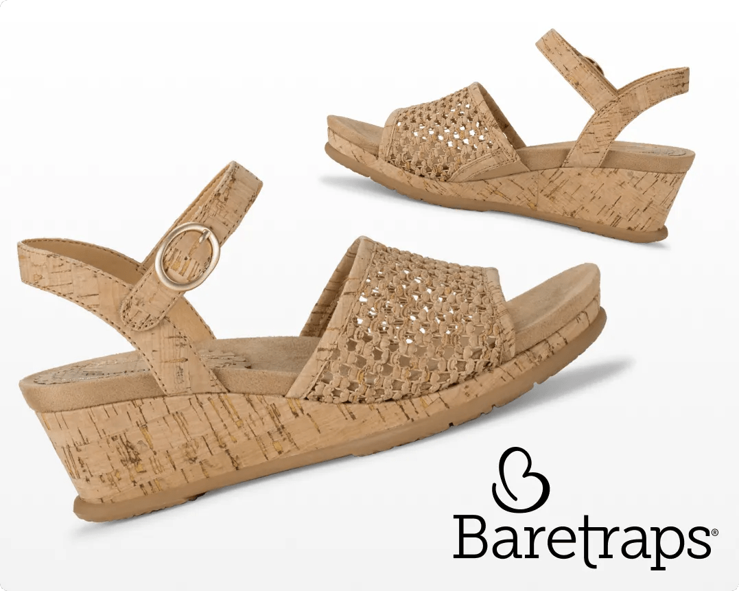 Featuring a pair of wedge sandals from Baretraps.