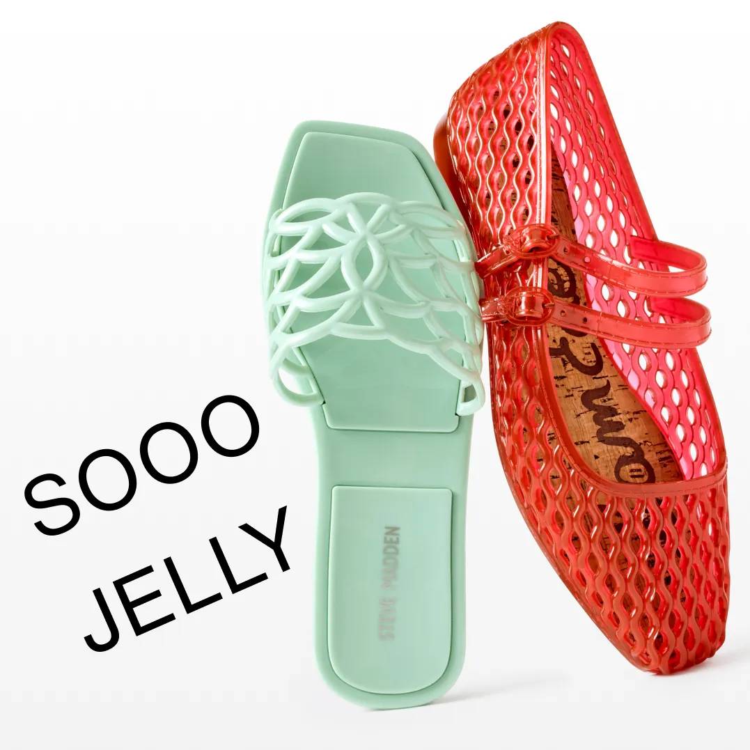 Featuring aqua and red jelly shoes.