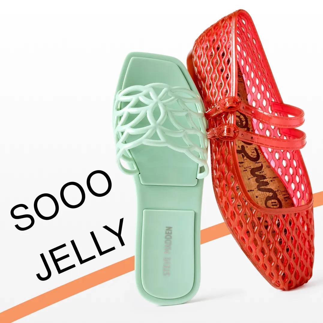 Featuring aqua and red jelly shoes.