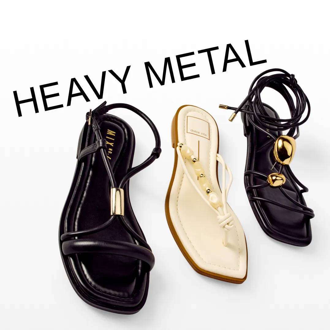 Featuring an assortment of sandals with metal details.