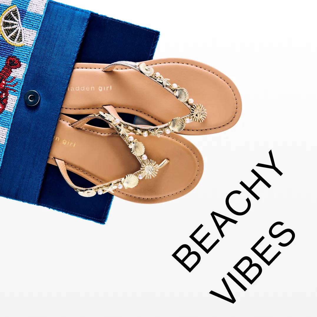 Featuring beach sandals and a beaded handbag.