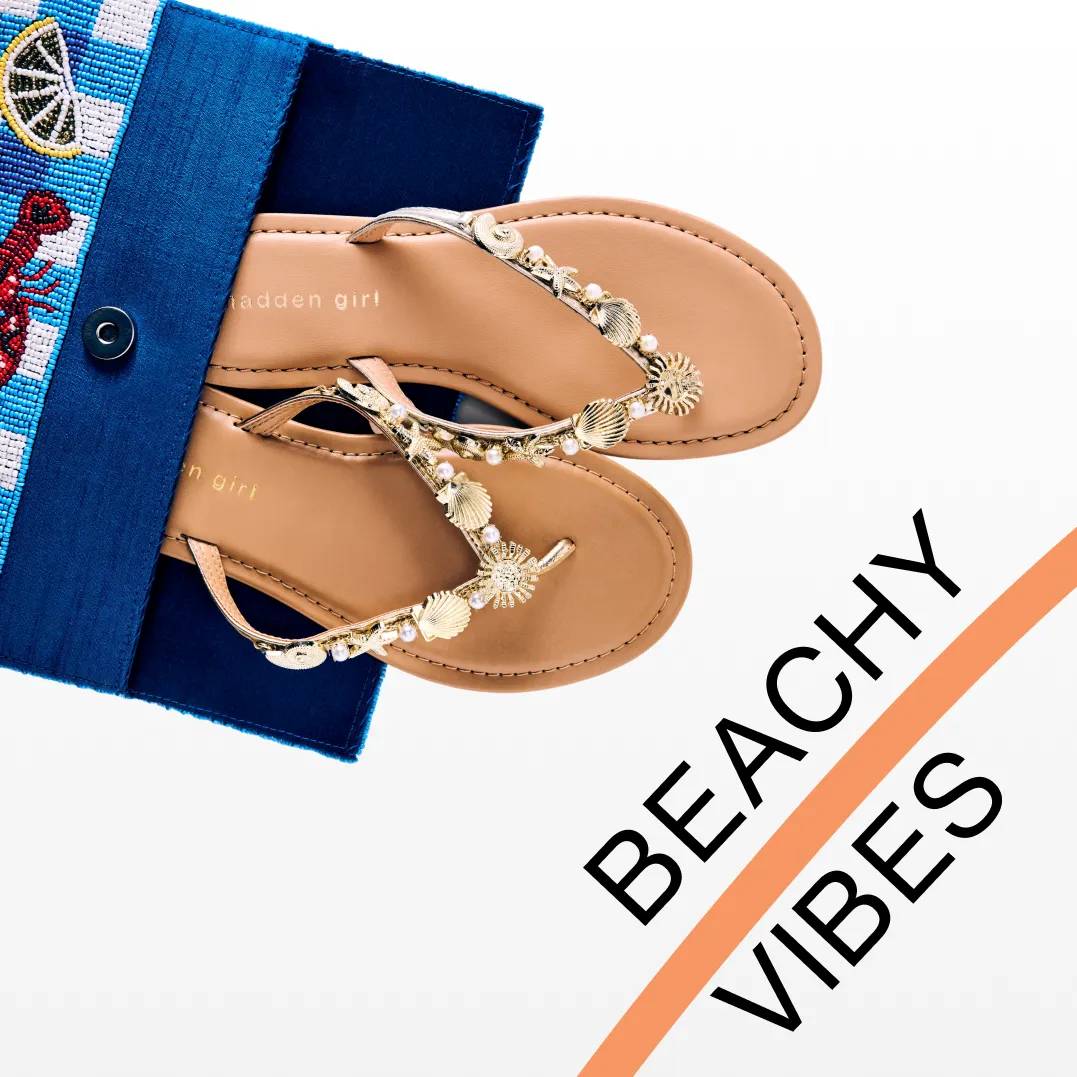 Featuring beach sandals and a beaded handbag.
