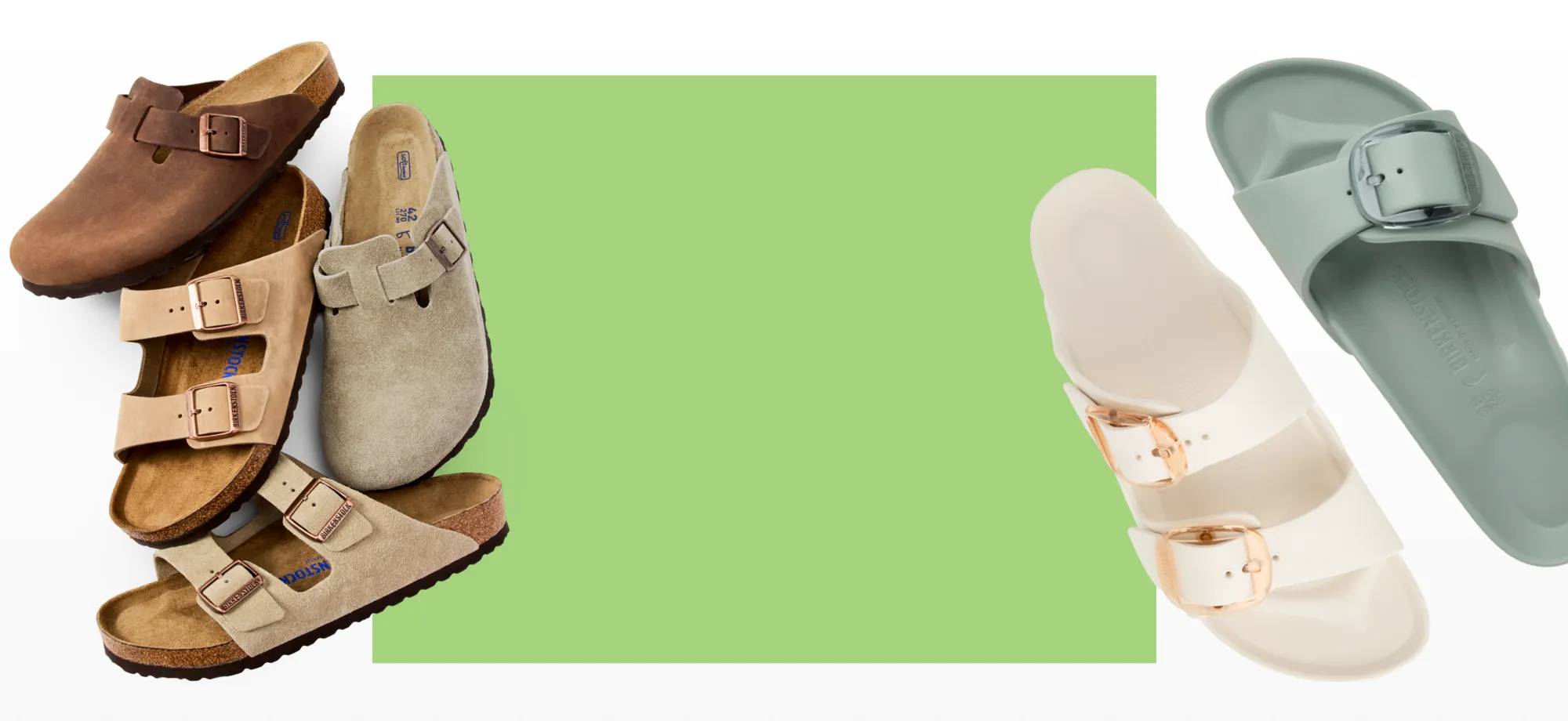 Featuring an assortment of Birkenstock sandals and clogs.