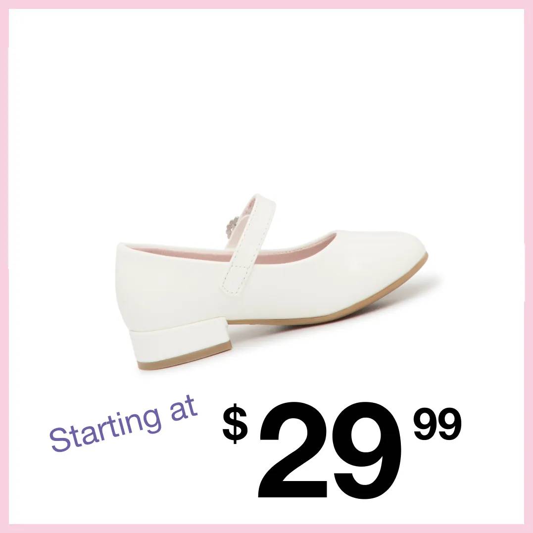 Featuring a kids' white dress shoe.