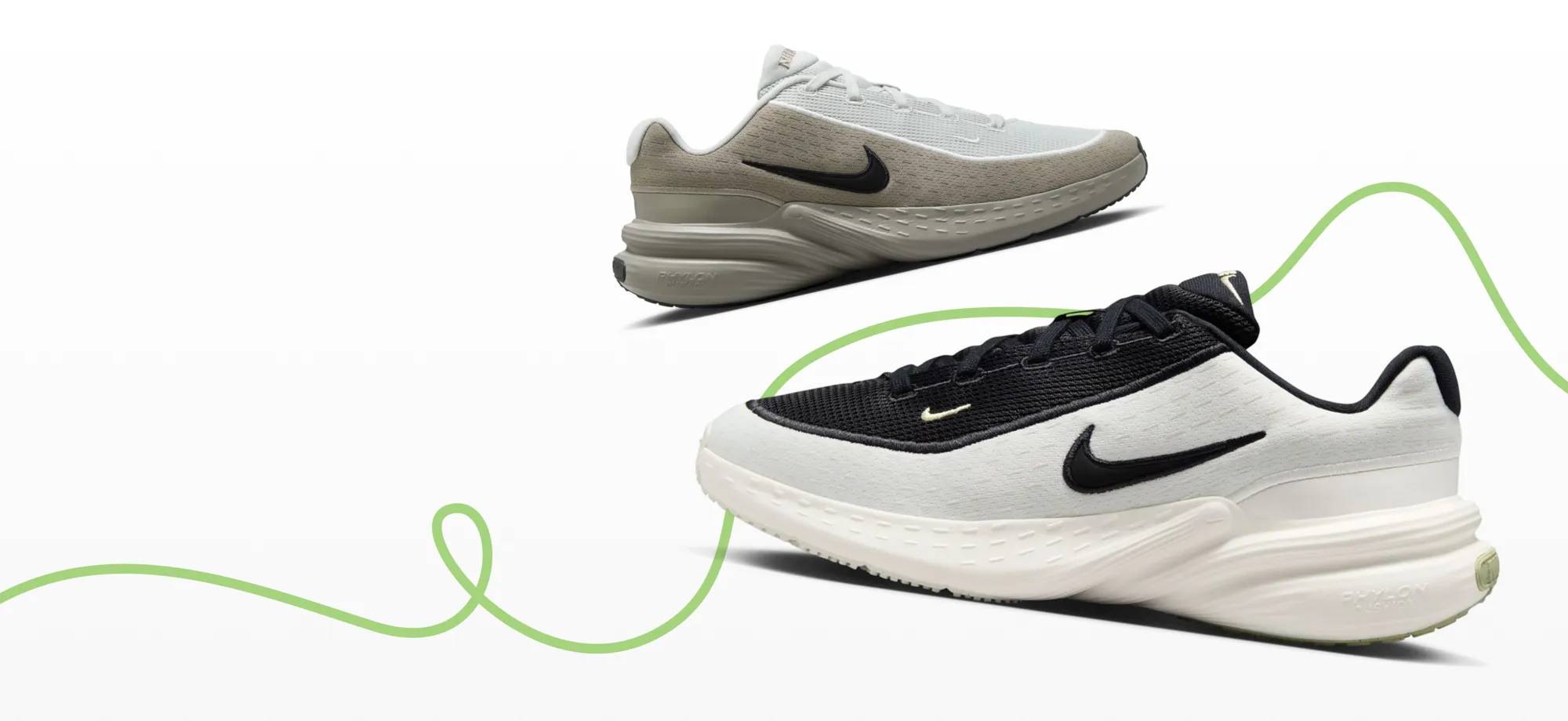 An assortment of men's nike running shoes displayed