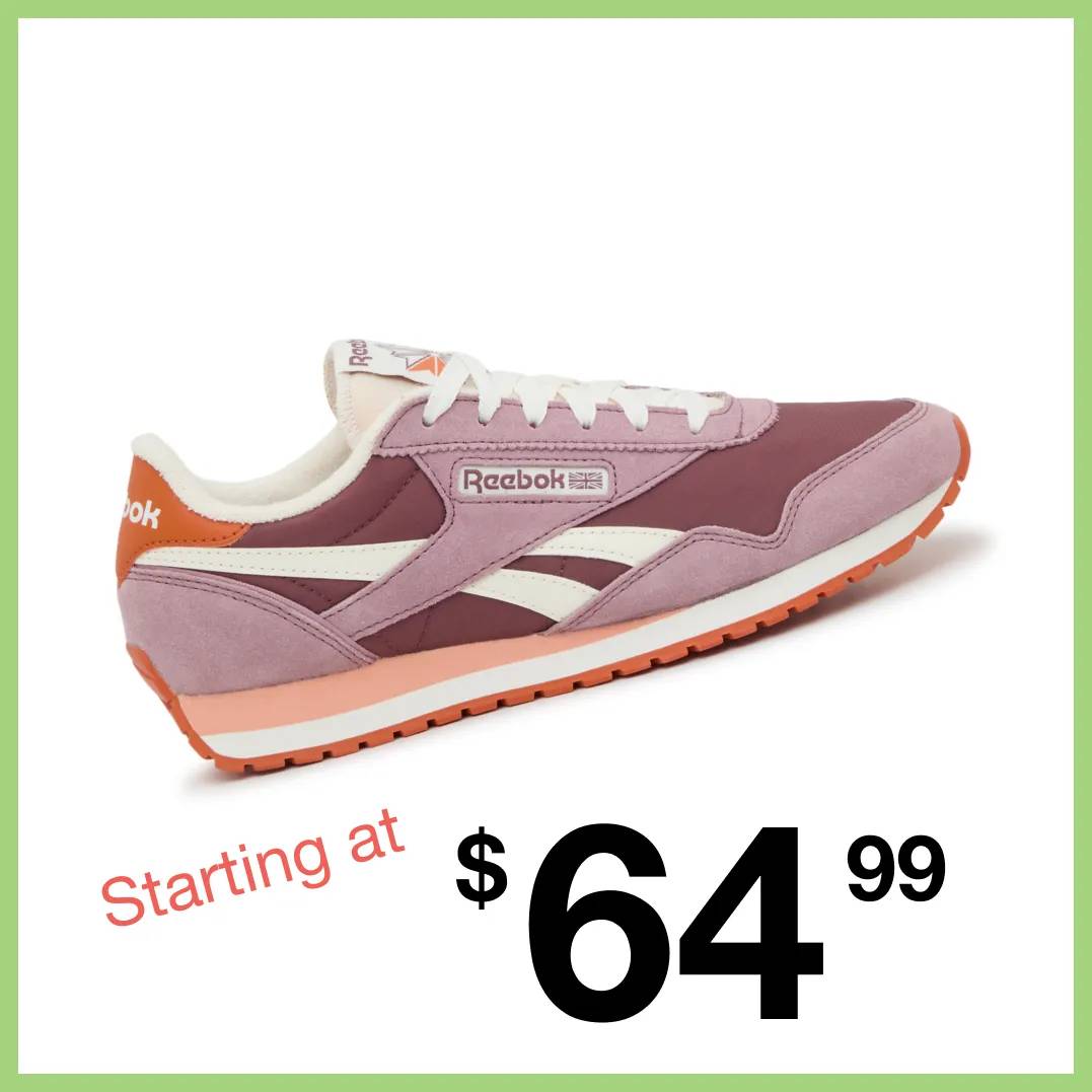 Featuring a women's pink Reebok sneaker.