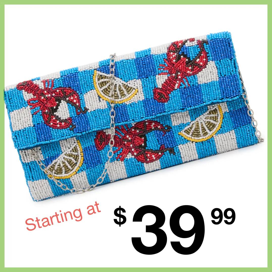 Featuring a bright blue beaded bag with lobsters and lemons on it.