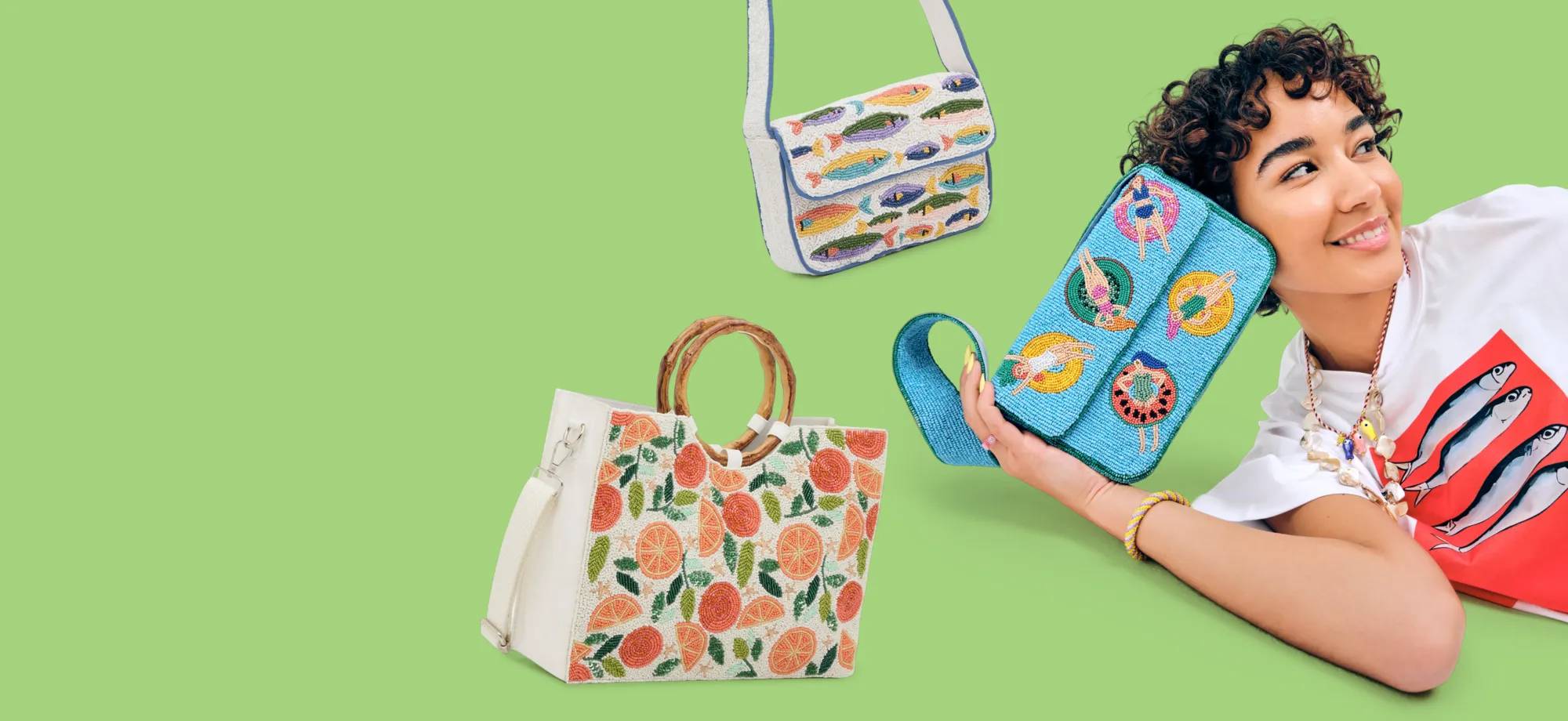 Featuring an assortment of beaded bags.