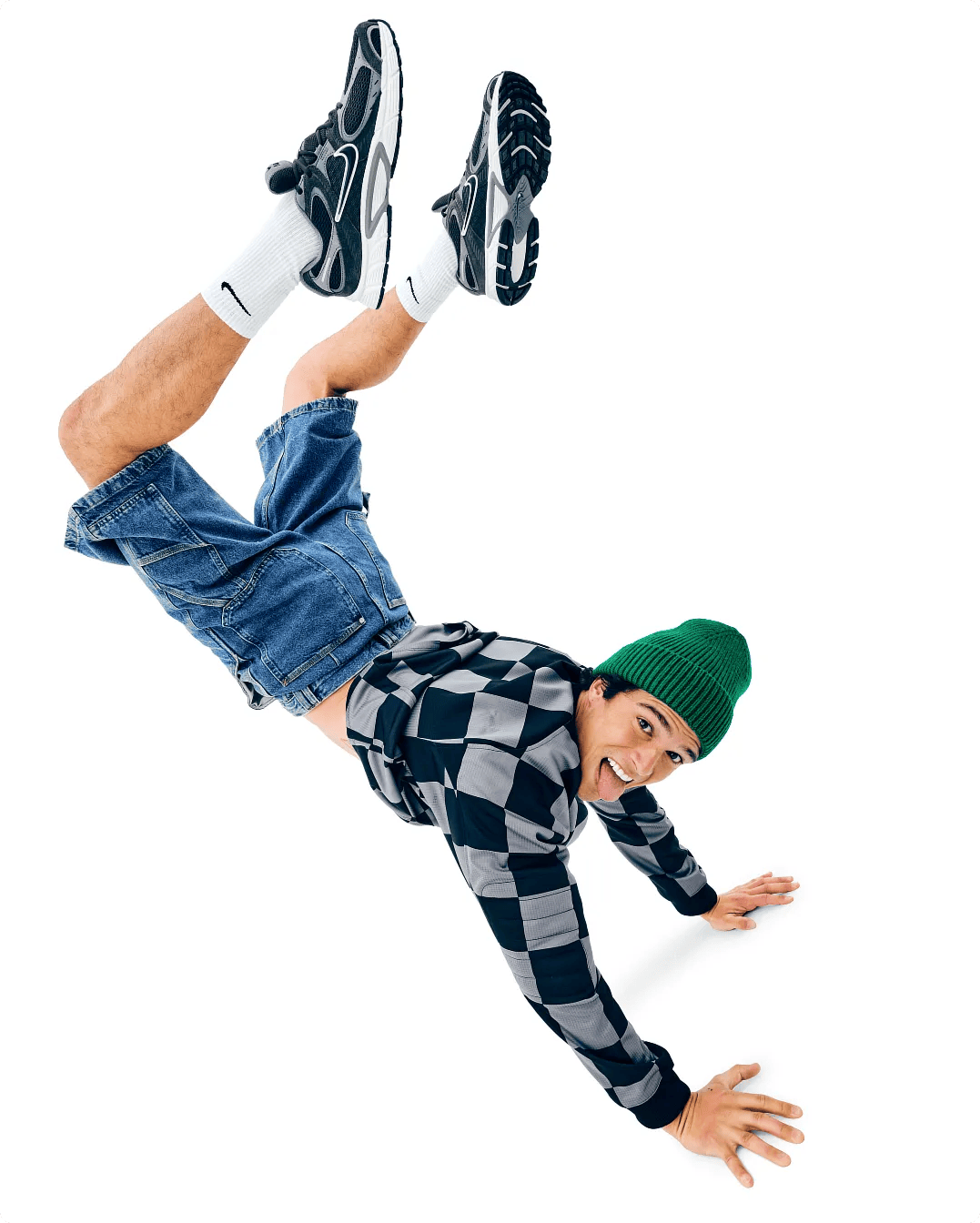Featuring a model wearing sneakers.