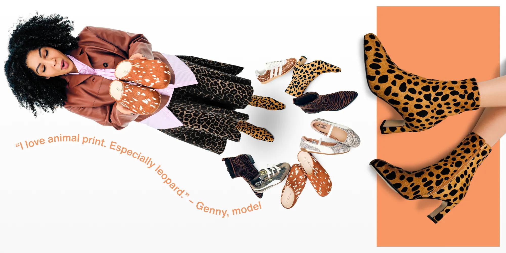 Featuring a model styling animal print boots and a variety of animal print shoes.