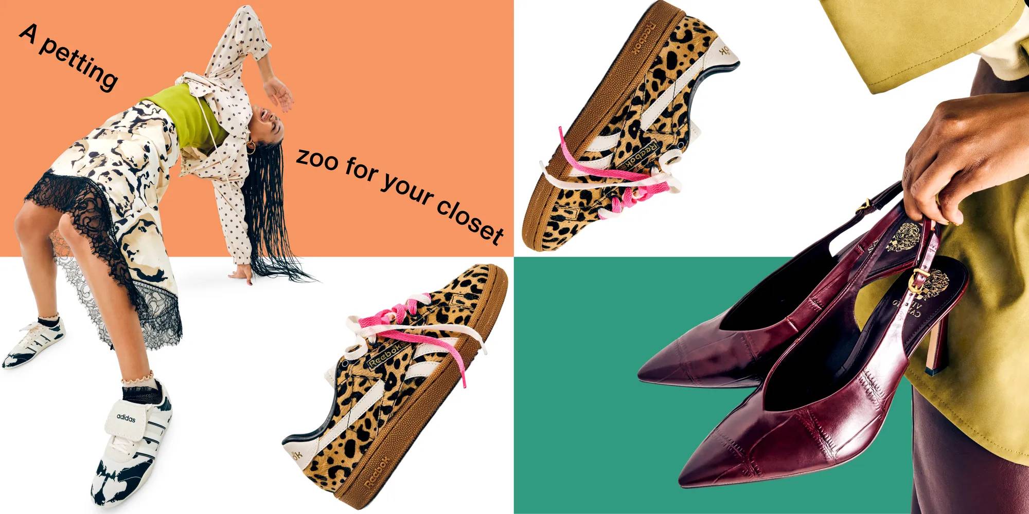 Featuring a model styling animal shoes.