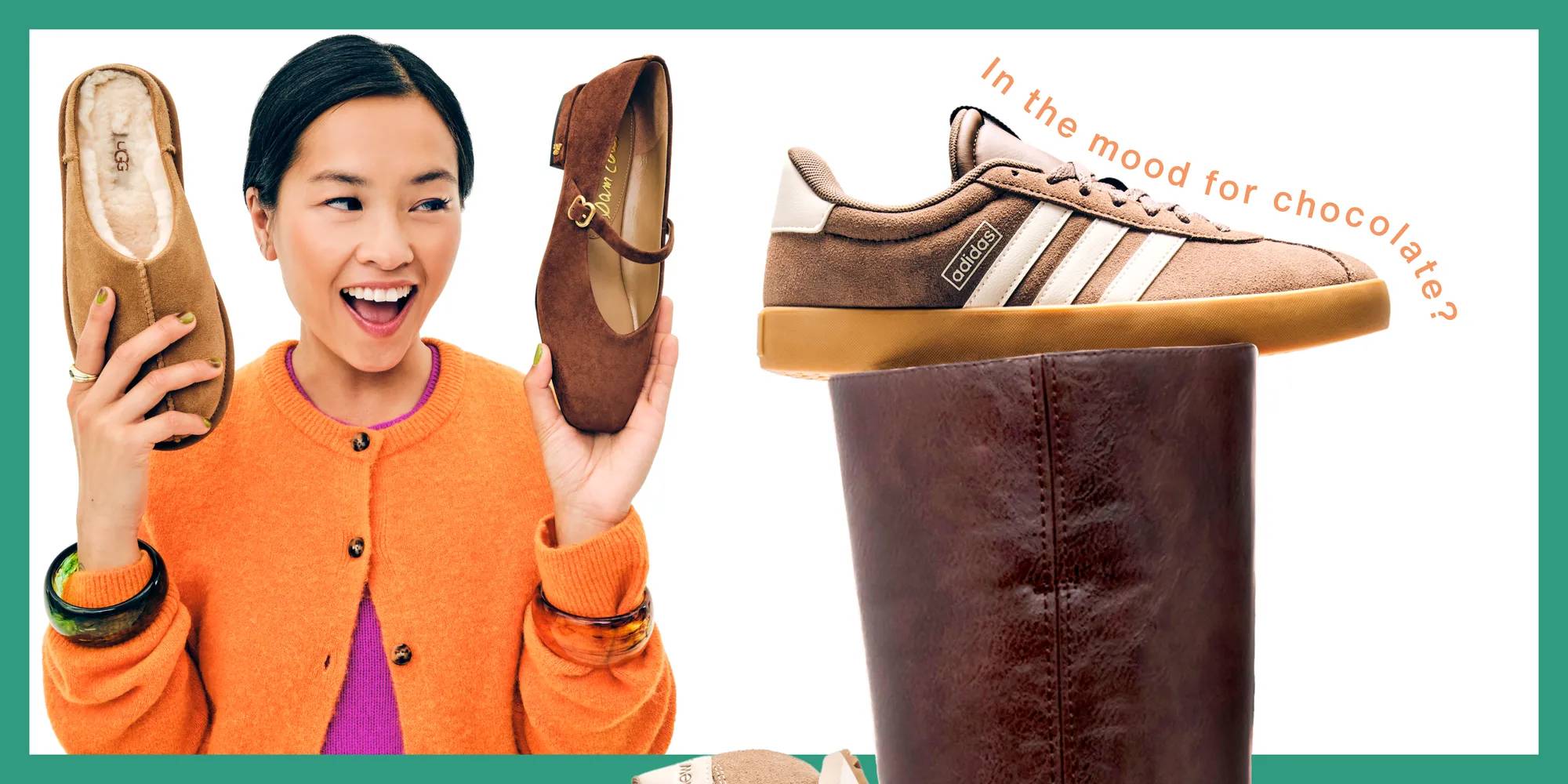 Featuring a model holding different brown shoes.