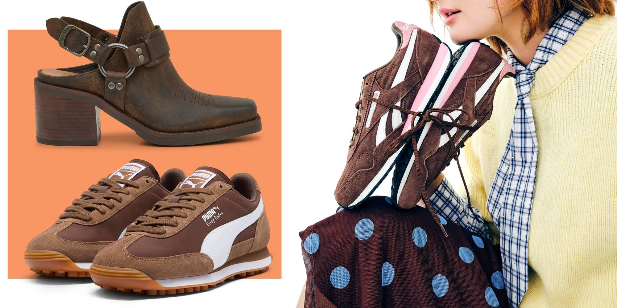 Featuring a model holding brown sneakers and different styles of brown shoes.