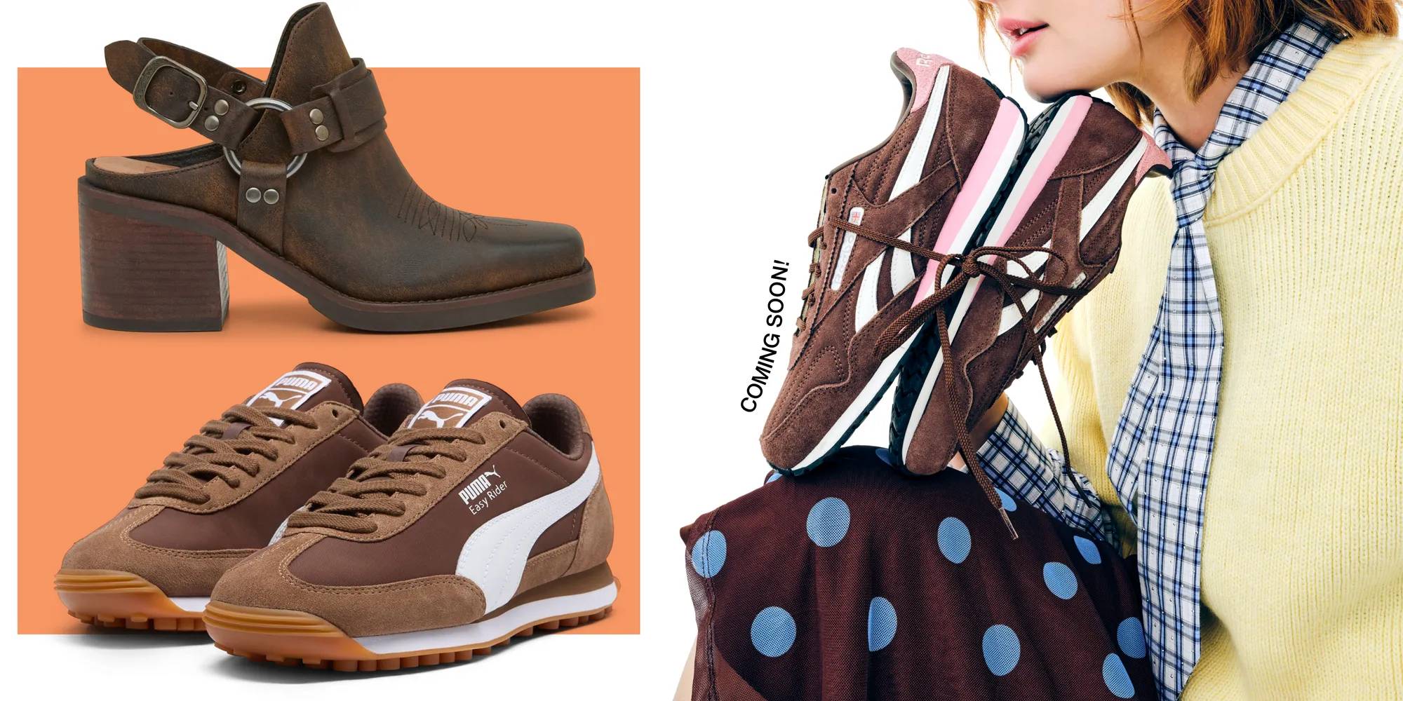 Featuring a model holding brown sneakers and different styles of brown shoes.