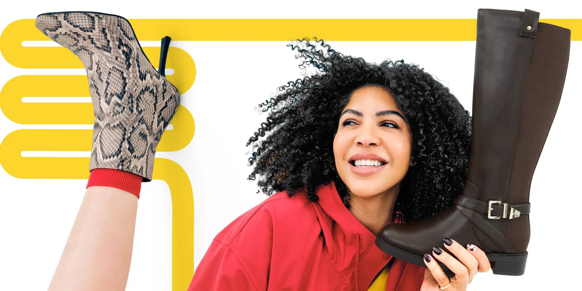 Featuring a model styling snake printed boots & holding tall brown boots.