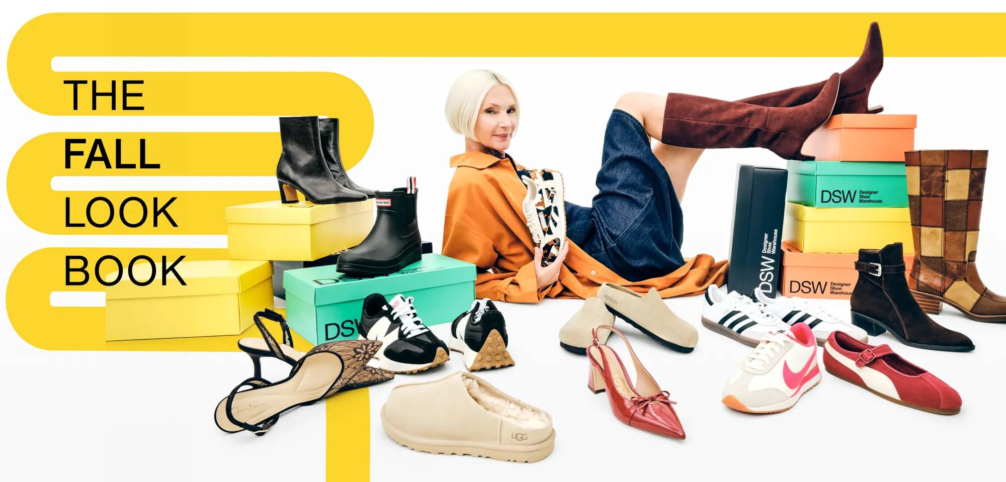 Featuring a model styling tall boots and a variety of fall shoes.