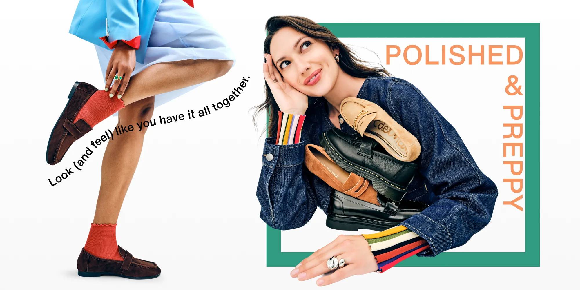 Featuring a model styling brown loafers and high socks.