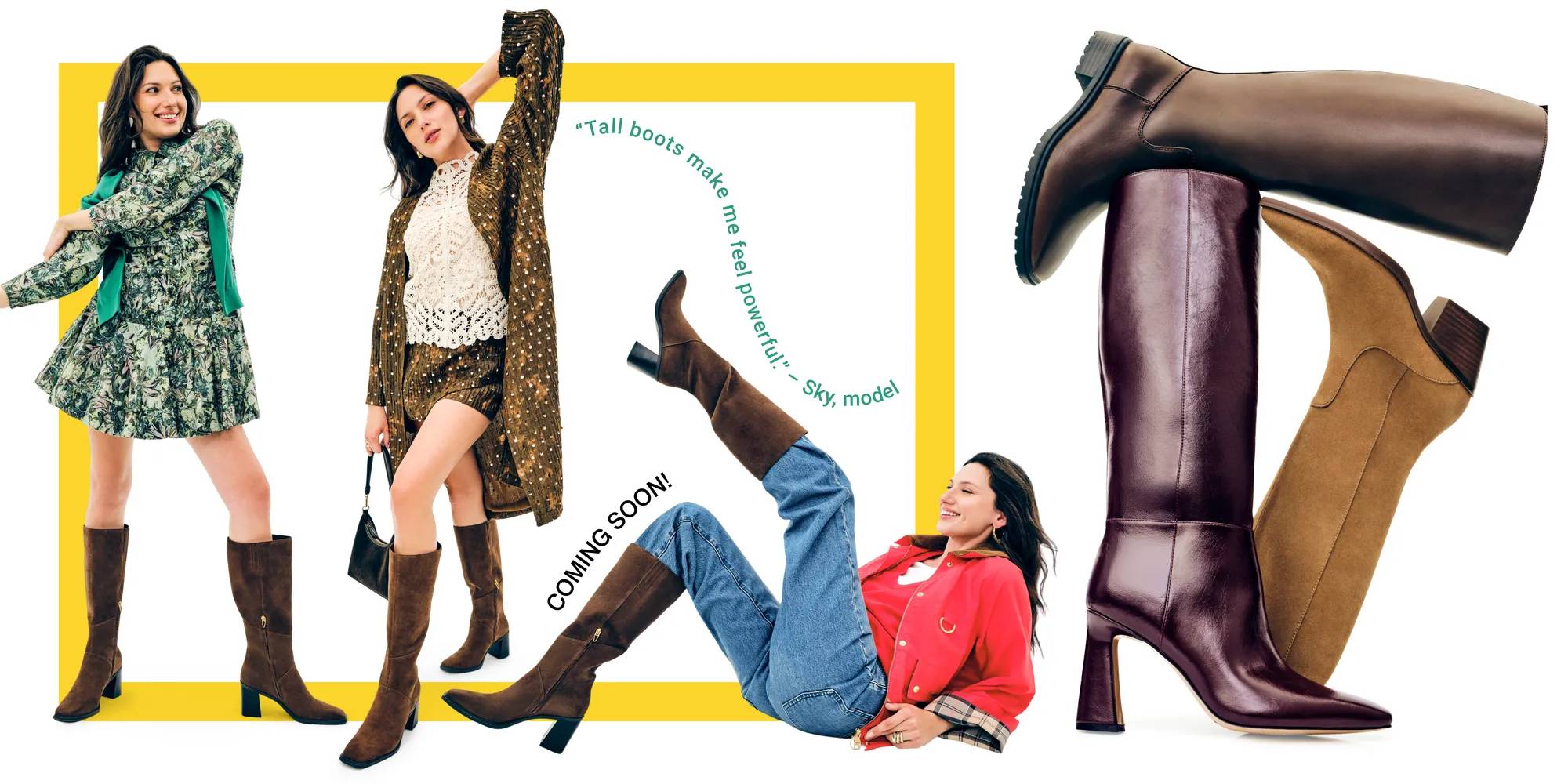 Featuring a model styling tall boots