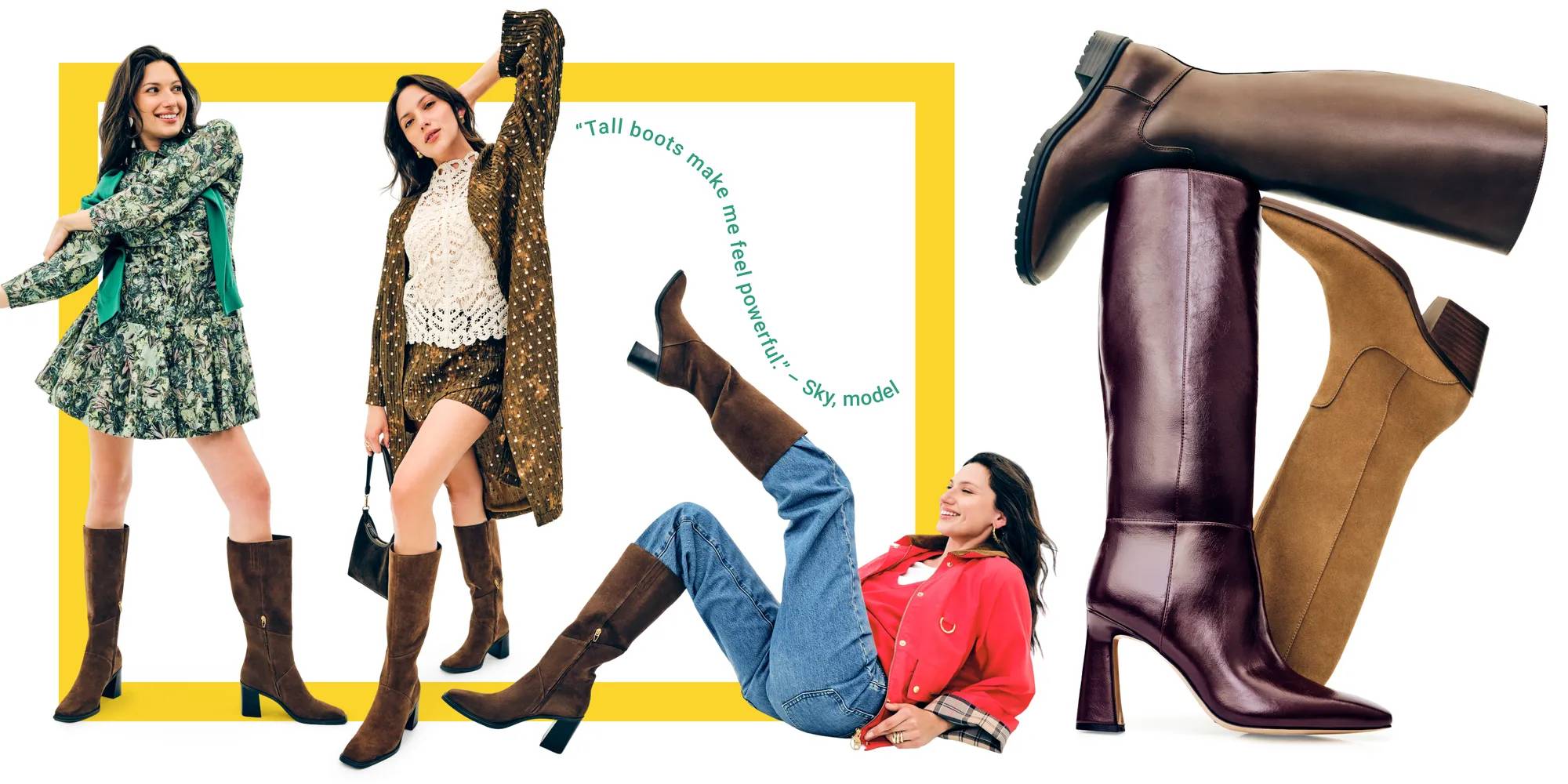 Featuring a model styling tall boots